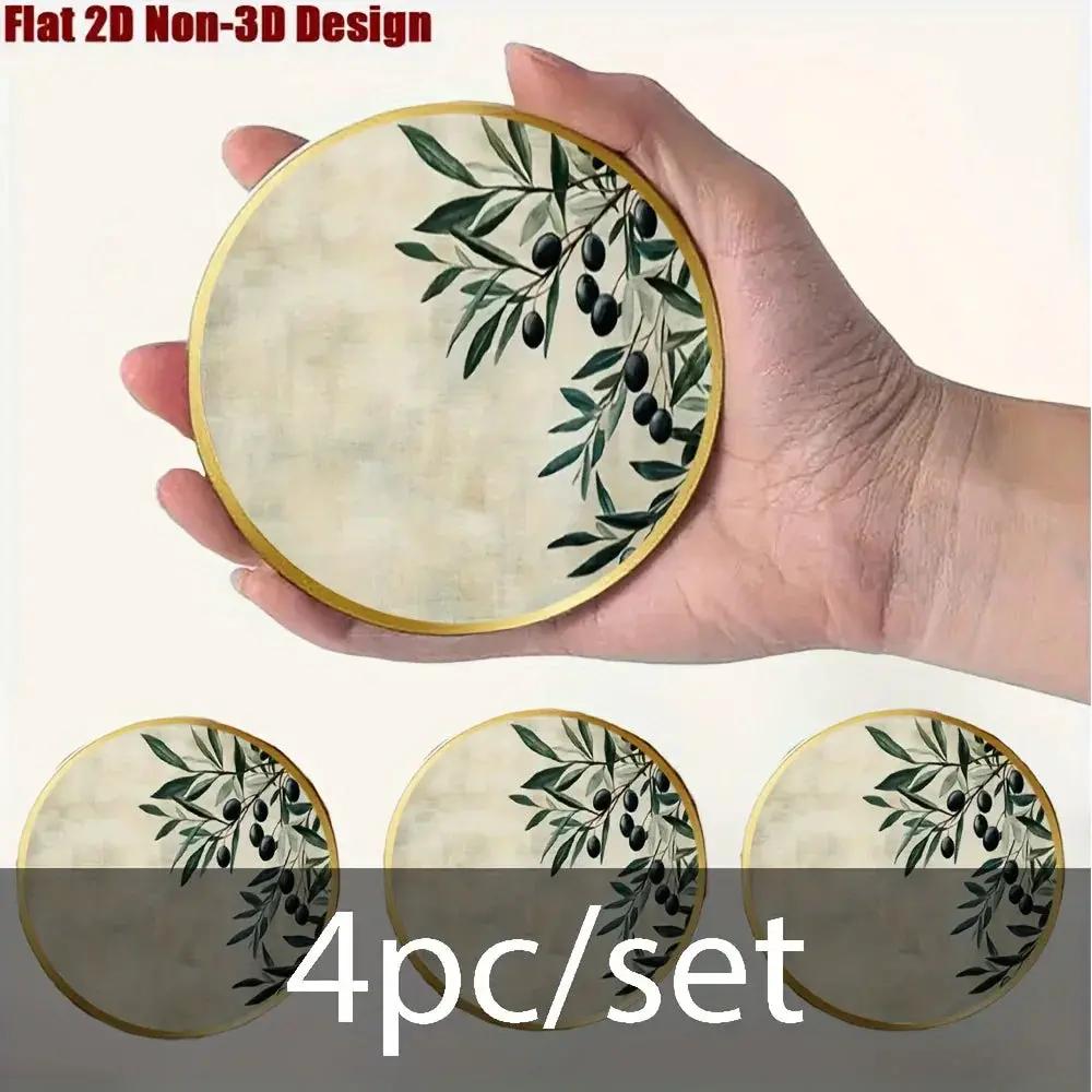 4pcs Elegant Glass Coasters with Olive Design - Heat-Resistant, Waterproof, Ideal for Home, Office, Cafe, Bar Decor - Perfect Holiday Gift for Christmas, Halloween, Thanksgiving, St. Patrick'S Day, Office Decor|Elegant Tablew by House Of Avana