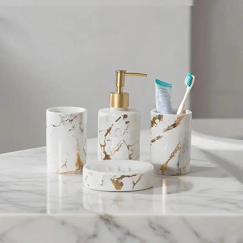 4pcs set of marble pattern, ceramic bathroom toiletry set, mouthwash cup, toothbrush cup, lotion bottle, soap box set bathroom wash high-end gift set, suitable for family hotel homestay bathroom use, ceramic material Nordic l by House Of Avana