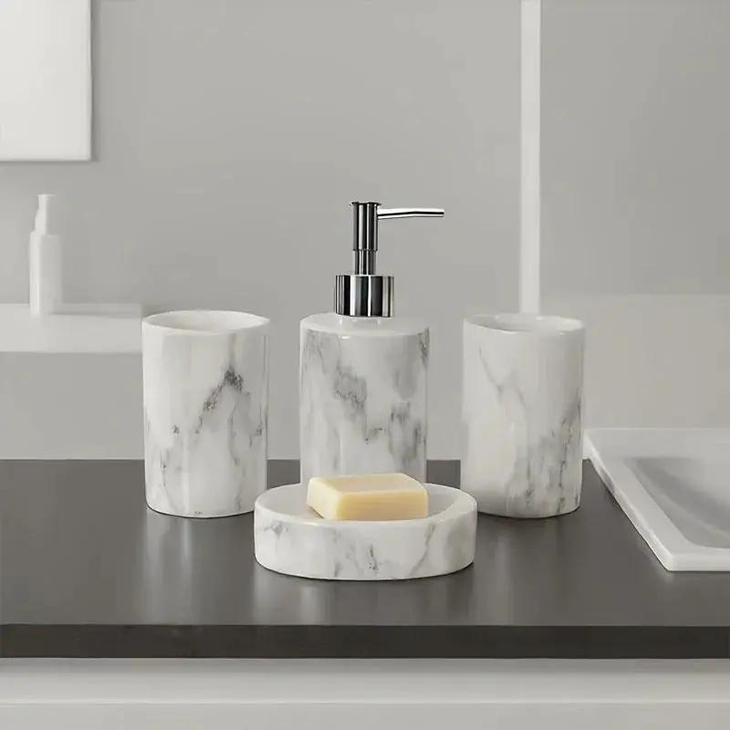 4pcs set of marble pattern, ceramic bathroom toiletry set, mouthwash cup, toothbrush cup, lotion bottle, soap box set bathroom wash high-end gift set, suitable for family hotel homestay bathroom use, ceramic material Nordic l by House Of Avana