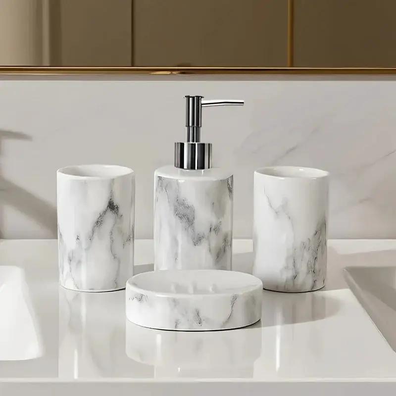 4pcs set of marble pattern, ceramic bathroom toiletry set, mouthwash cup, toothbrush cup, lotion bottle, soap box set bathroom wash high-end gift set, suitable for family hotel homestay bathroom use, ceramic material Nordic l by House Of Avana