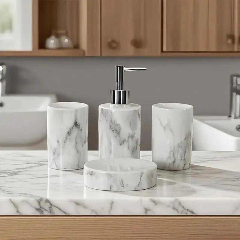 4pcs set of marble pattern, ceramic bathroom toiletry set, mouthwash cup, toothbrush cup, lotion bottle, soap box set bathroom wash high-end gift set, suitable for family hotel homestay bathroom use, ceramic material Nordic l by House Of Avana