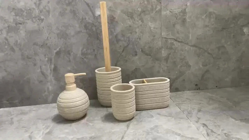[4pcs Wooden Bathroom Set] Four-piece Wooden Bathroom Set | Wood Grain Water Transfer Print Nozzle Beige Sandstone Lotion Bottle Mouth Cup Toothbrush Holder Toilet Brush with Wooden Handle by House Of Avana