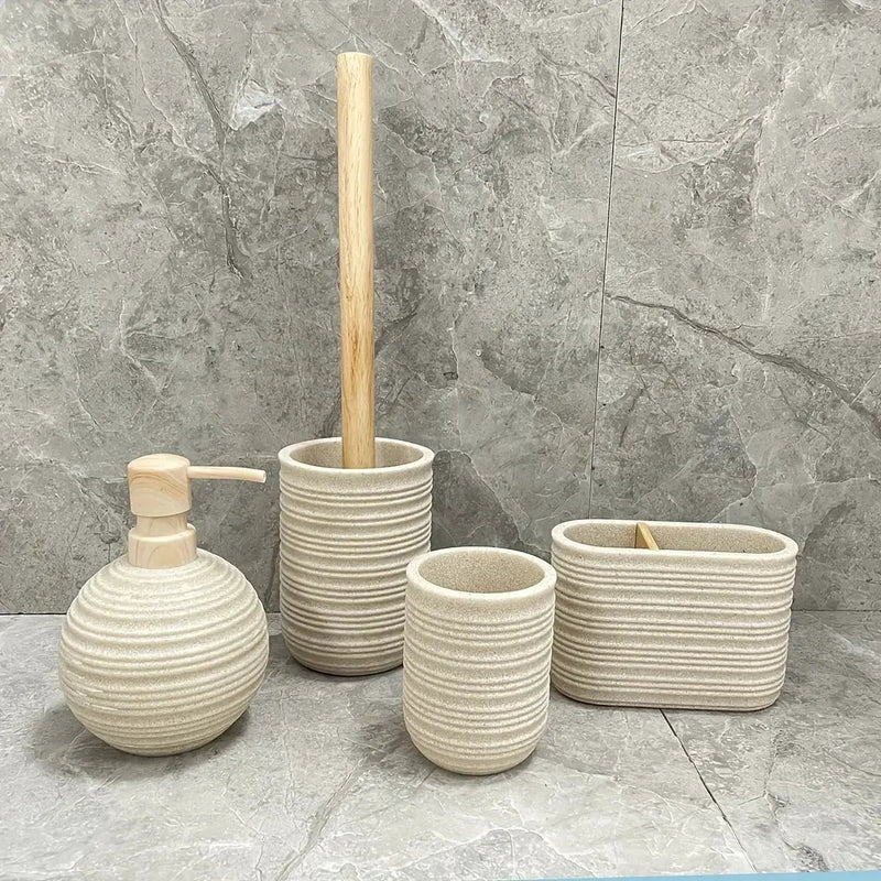 [4pcs Wooden Bathroom Set] Four-piece Wooden Bathroom Set | Wood Grain Water Transfer Print Nozzle Beige Sandstone Lotion Bottle Mouth Cup Toothbrush Holder Toilet Brush with Wooden Handle by House Of Avana