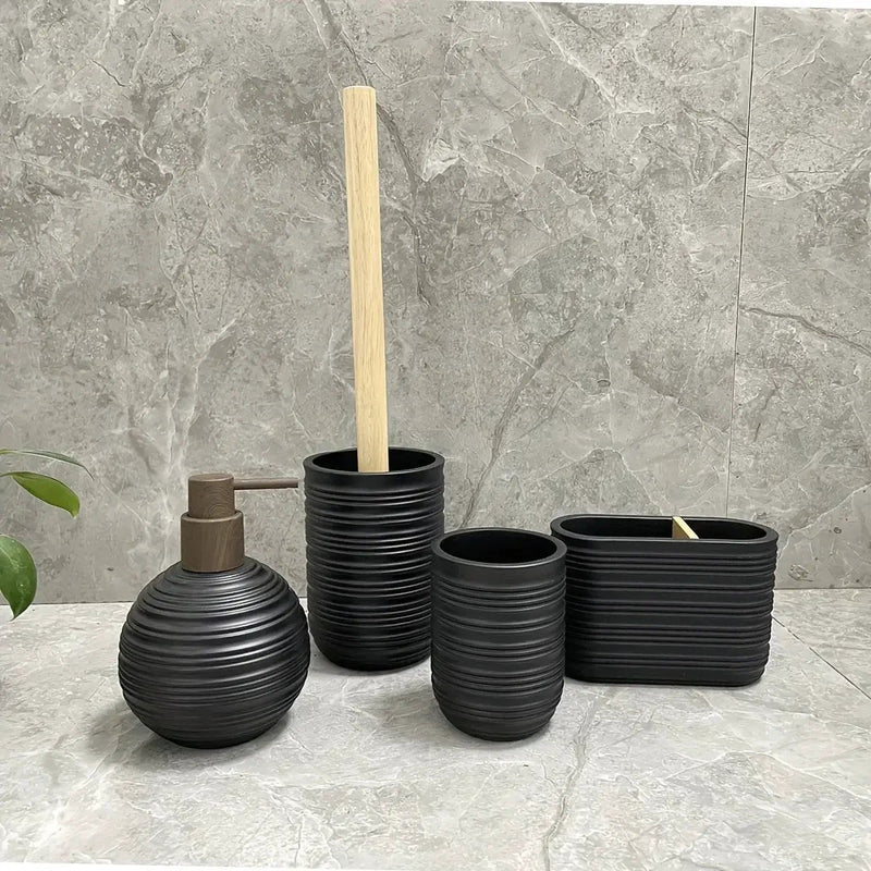 [4pcs Wooden Bathroom Set] Four-piece Wooden Bathroom Set | Wood Grain Water Transfer Print Nozzle Beige Sandstone Lotion Bottle Mouth Cup Toothbrush Holder Toilet Brush with Wooden Handle by House Of Avana