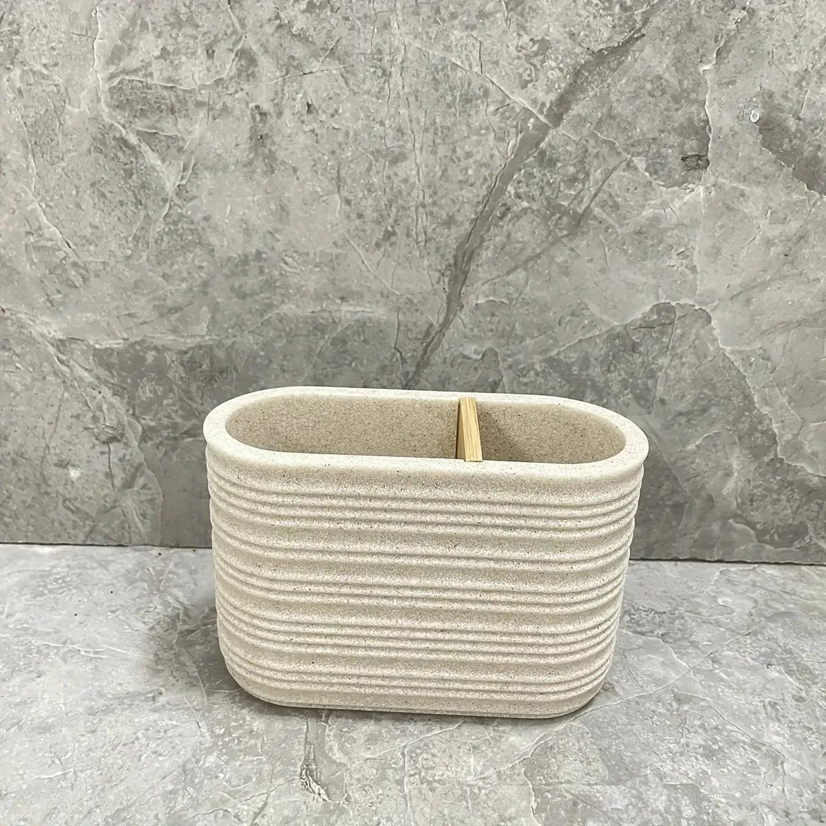 [4pcs Wooden Bathroom Set] Four-piece Wooden Bathroom Set | Wood Grain Water Transfer Print Nozzle Beige Sandstone Lotion Bottle Mouth Cup Toothbrush Holder Toilet Brush with Wooden Handle by House Of Avana