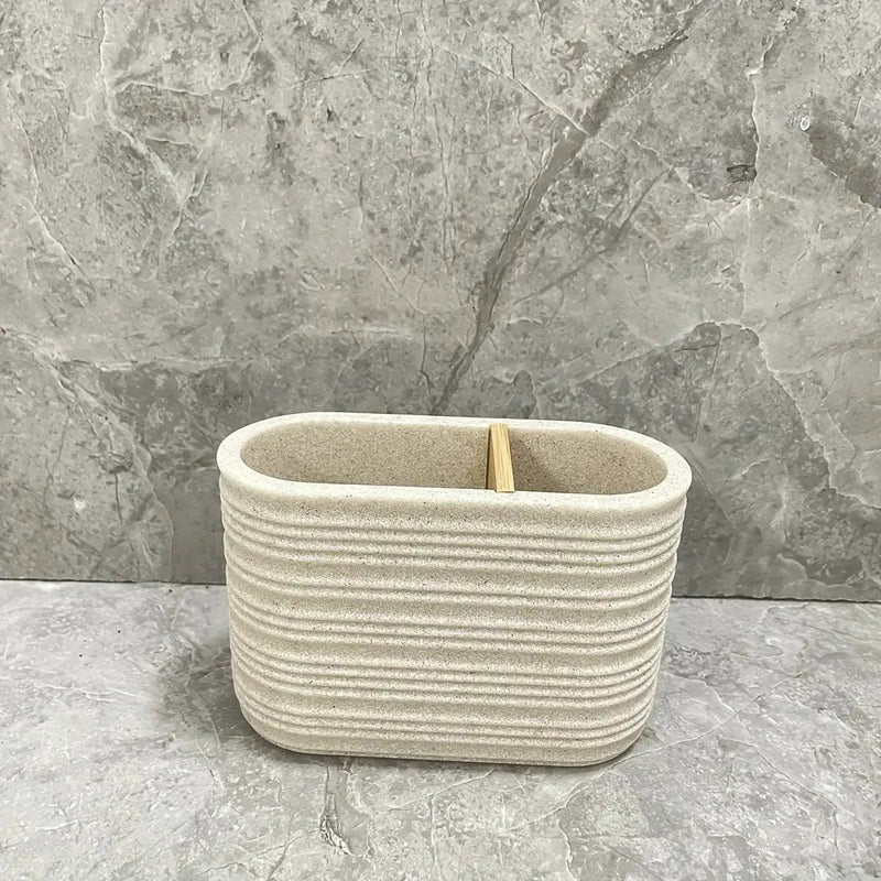 [4pcs Wooden Bathroom Set] Four-piece Wooden Bathroom Set | Wood Grain Water Transfer Print Nozzle Beige Sandstone Lotion Bottle Mouth Cup Toothbrush Holder Toilet Brush with Wooden Handle by House Of Avana