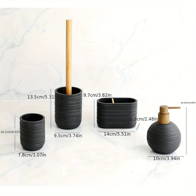 [4pcs Wooden Bathroom Set] Four-piece Wooden Bathroom Set | Wood Grain Water Transfer Print Nozzle Beige Sandstone Lotion Bottle Mouth Cup Toothbrush Holder Toilet Brush with Wooden Handle by House Of Avana