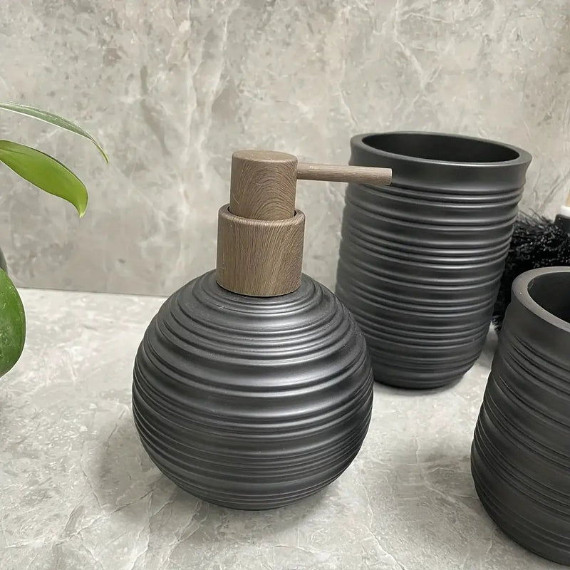 [4pcs Wooden Bathroom Set] Four-piece Wooden Bathroom Set | Wood Grain Water Transfer Print Nozzle Beige Sandstone Lotion Bottle Mouth Cup Toothbrush Holder Toilet Brush with Wooden Handle by House Of Avana