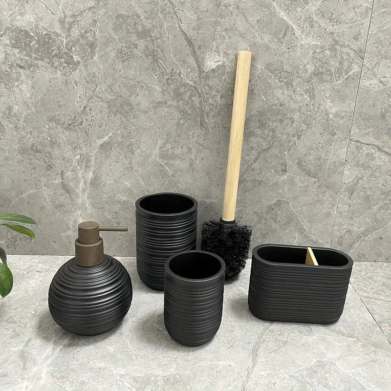 [4pcs Wooden Bathroom Set] Four-piece Wooden Bathroom Set | Wood Grain Water Transfer Print Nozzle Beige Sandstone Lotion Bottle Mouth Cup Toothbrush Holder Toilet Brush with Wooden Handle by House Of Avana