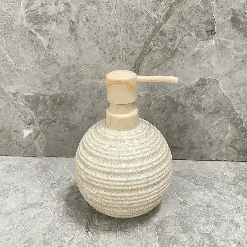 [4pcs Wooden Bathroom Set] Four-piece Wooden Bathroom Set | Wood Grain Water Transfer Print Nozzle Beige Sandstone Lotion Bottle Mouth Cup Toothbrush Holder Toilet Brush with Wooden Handle by House Of Avana
