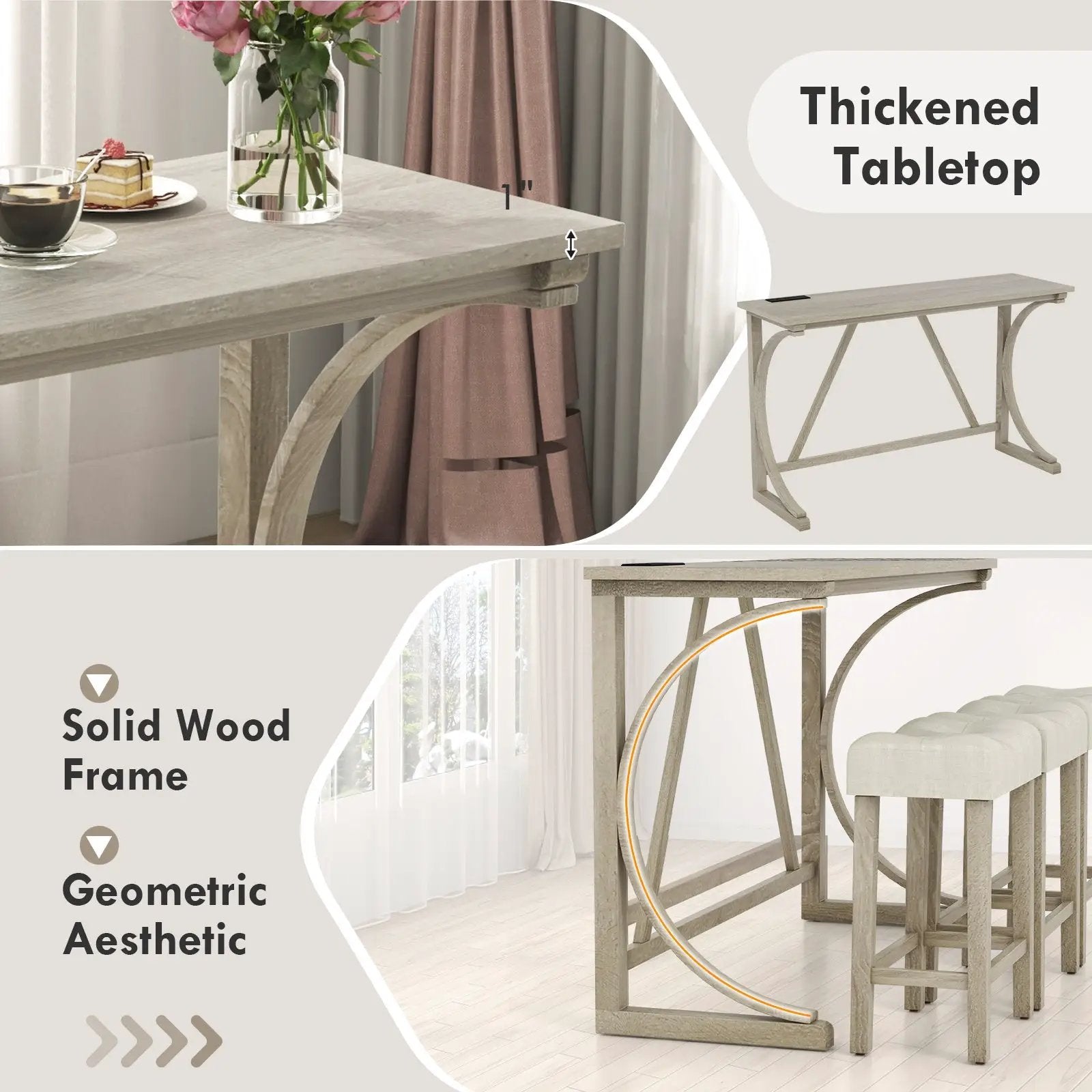 4-Piece Bar Table Set with Power Outlet and Upholstered Saddle Seat Stools-Grey and Beige by DirectDeals