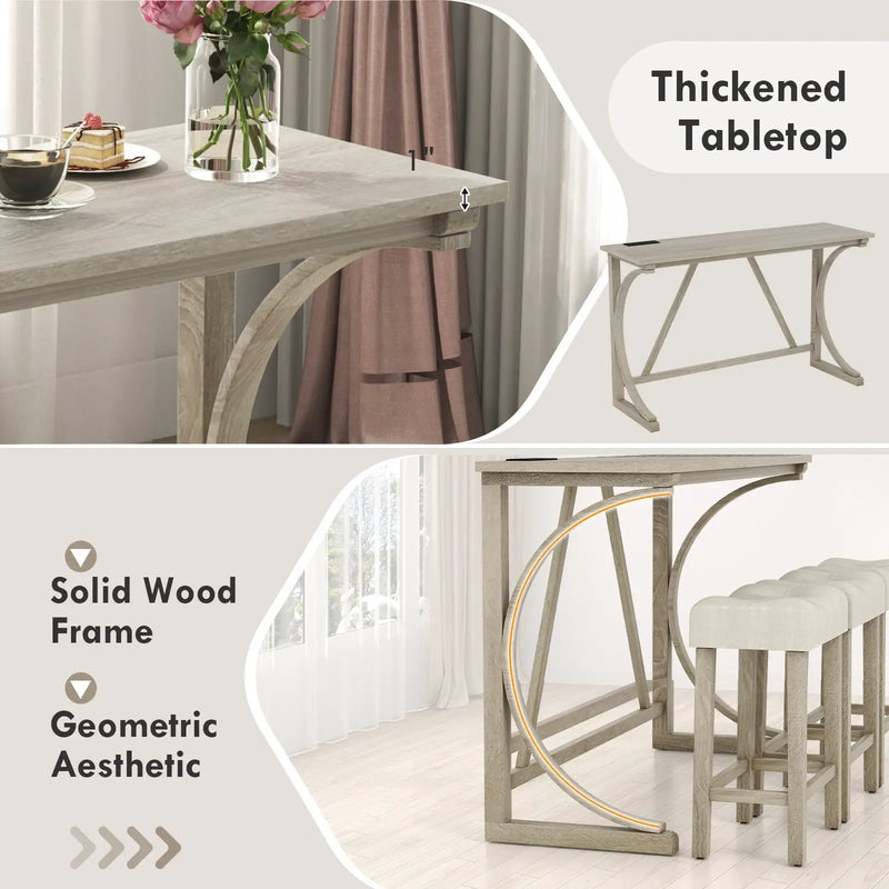 4-Piece Bar Table Set with Power Outlet and Upholstered Saddle Seat Stools-Grey and Beige by DirectDeals