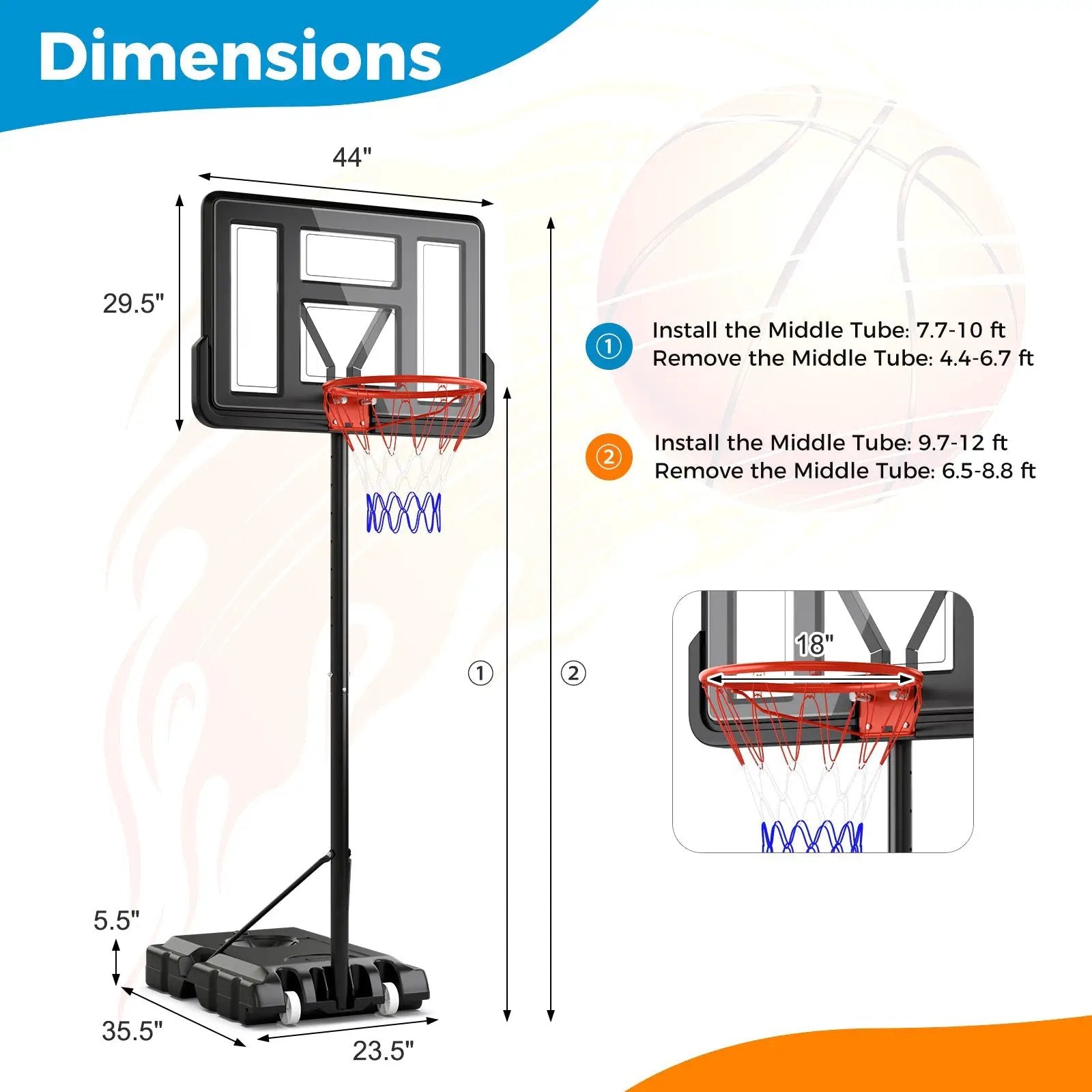4.4-10 Feet Portable Basketball Hoop Adjustable with 2 Wheels and Fillable Base-Black by DirectDeals