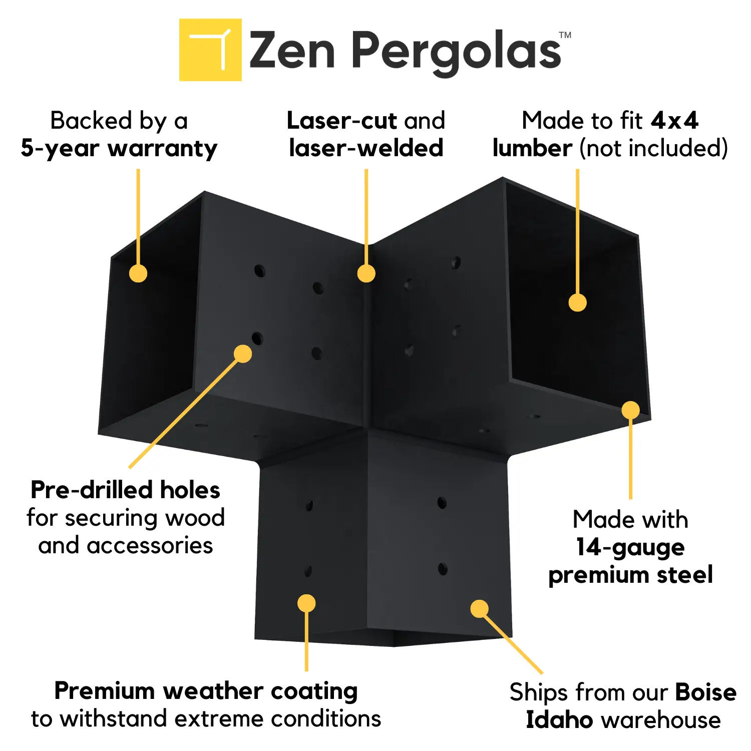 Pergola 3-Arm Post Bracket (for 4x4 Wood Posts) by Zen Pergolas