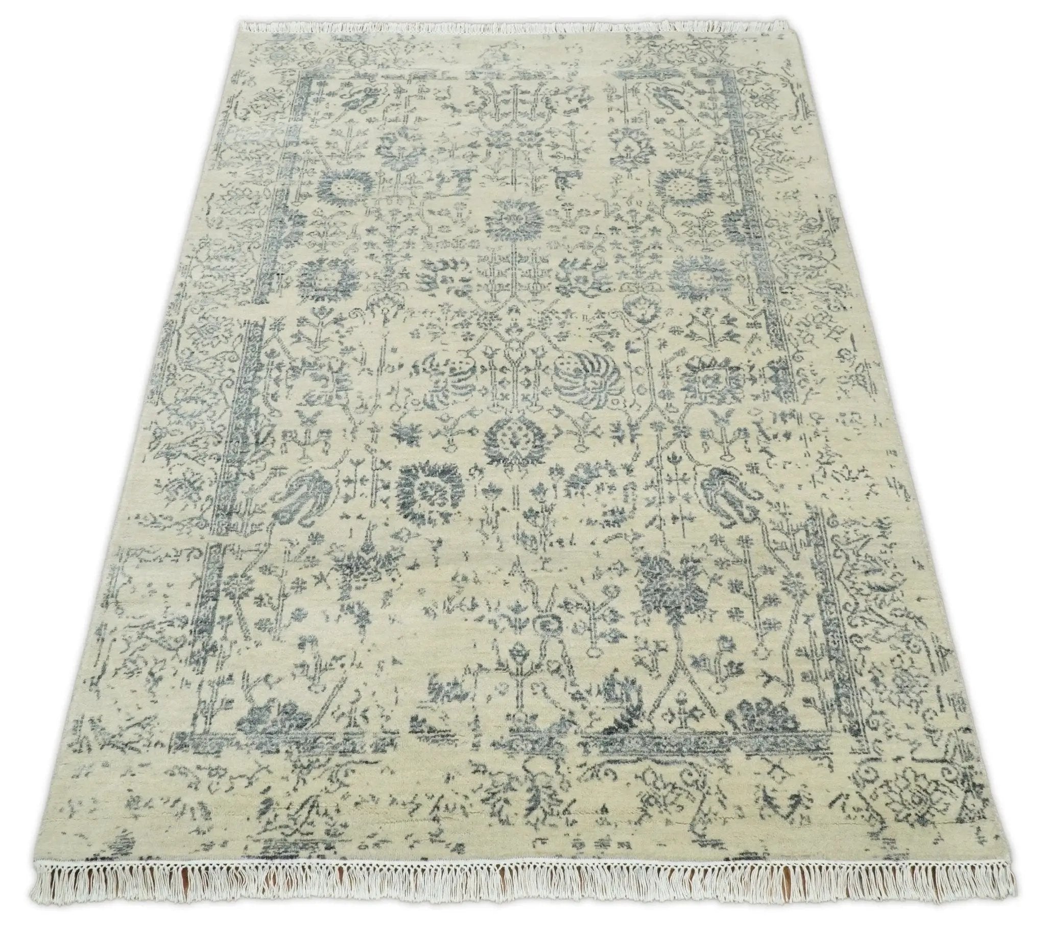 4x6 Fine Hand Knotted Beige and Gray Traditional Vintage Persian Style Antique Wool and Silk Rug | AGR14 by The Rug Decor