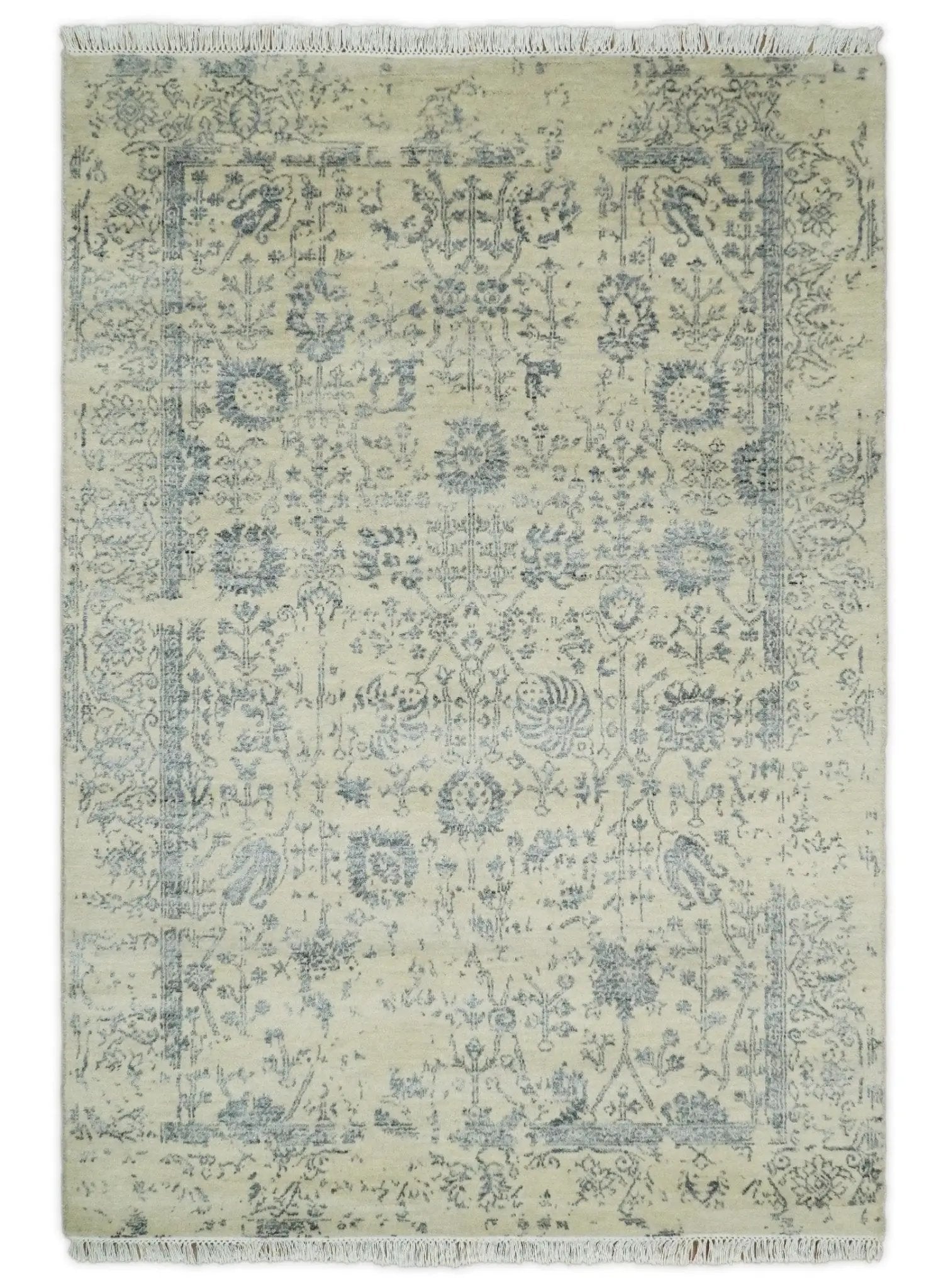 4x6 Fine Hand Knotted Beige and Gray Traditional Vintage Persian Style Antique Wool and Silk Rug | AGR14 by The Rug Decor