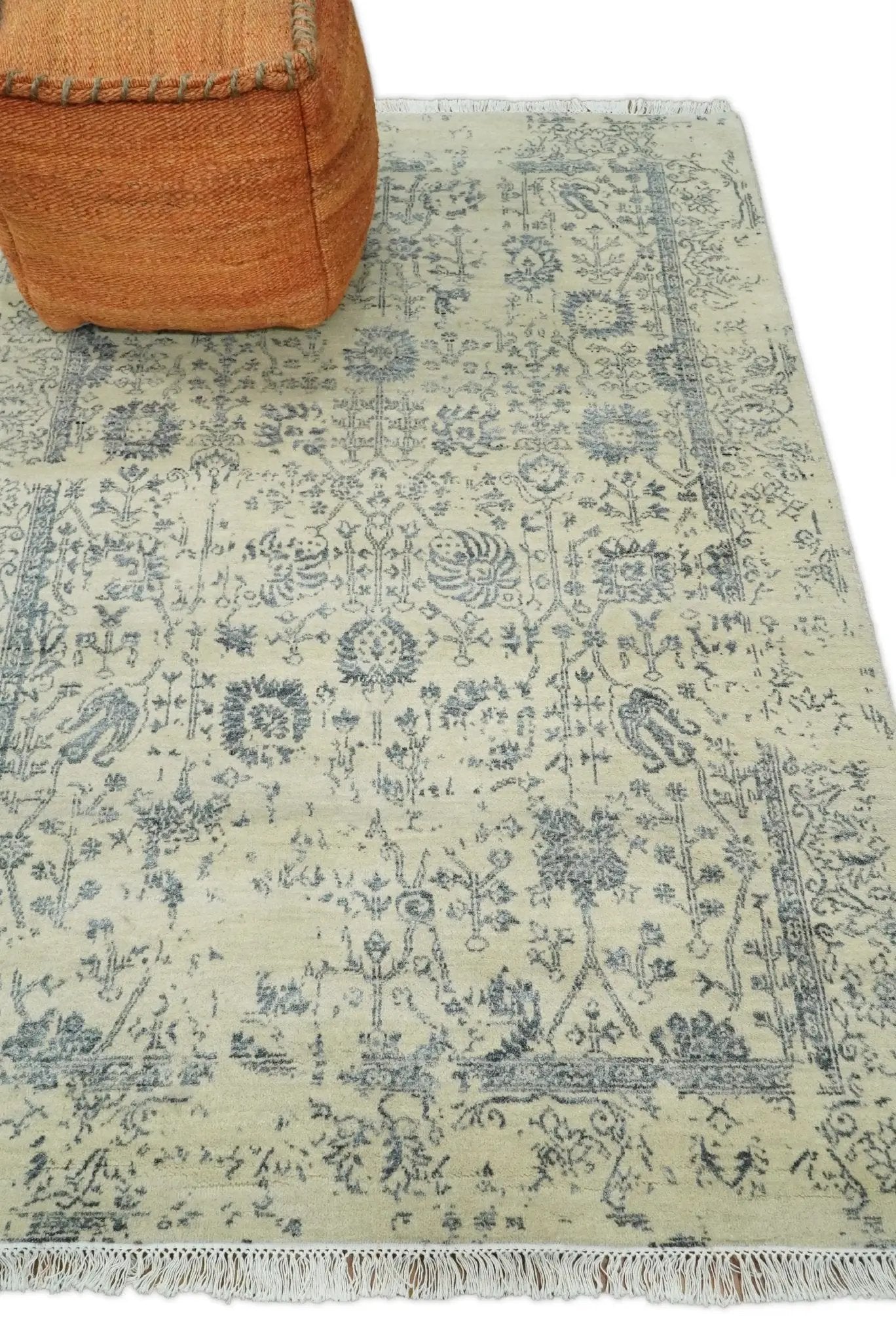 4x6 Fine Hand Knotted Beige and Gray Traditional Vintage Persian Style Antique Wool and Silk Rug | AGR14 by The Rug Decor