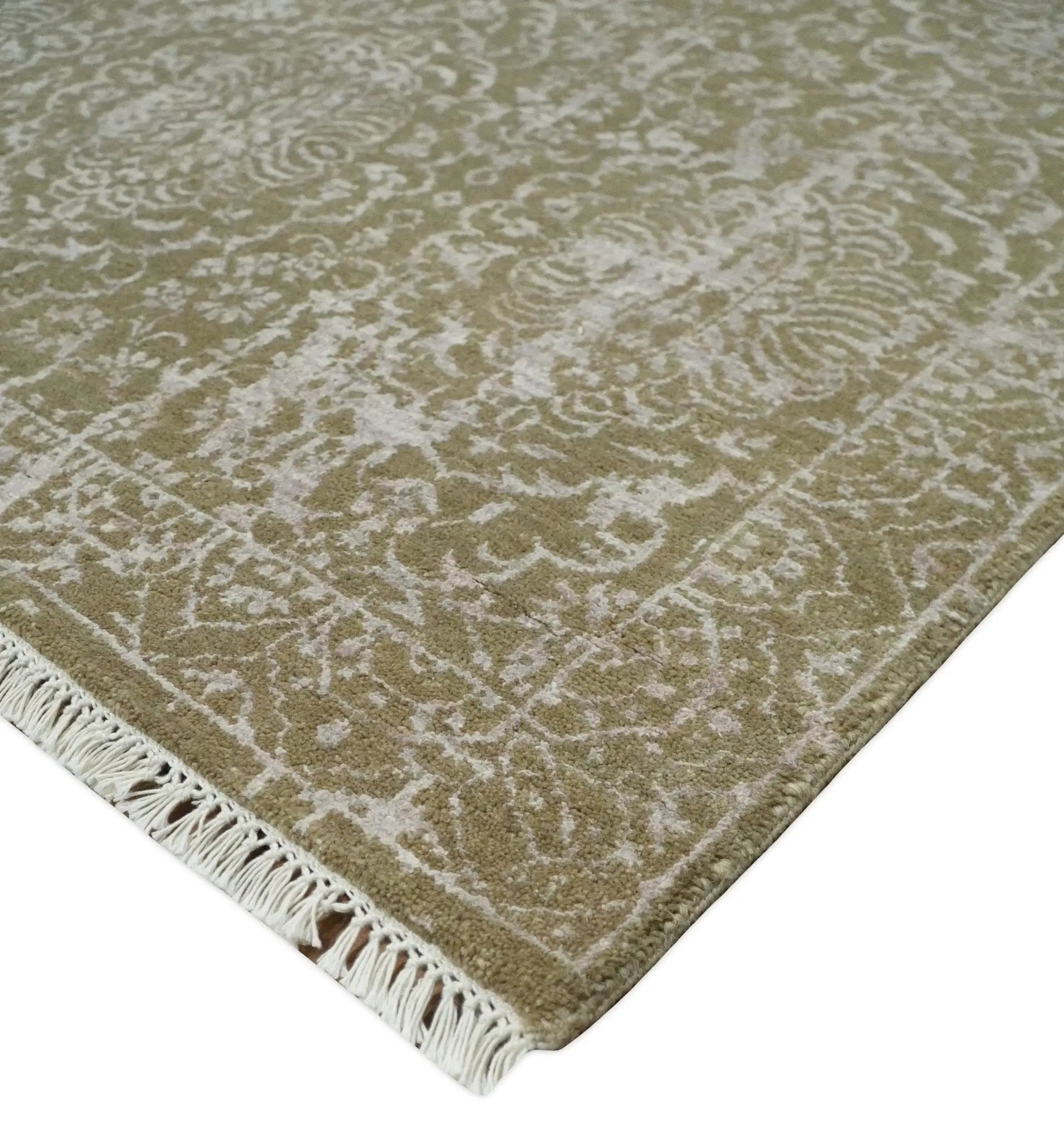 4x6 Fine Hand Knotted Olive and Silver Traditional Vintage Persian Style Antique Wool and SIlk Rug | AGR16 by The Rug Decor