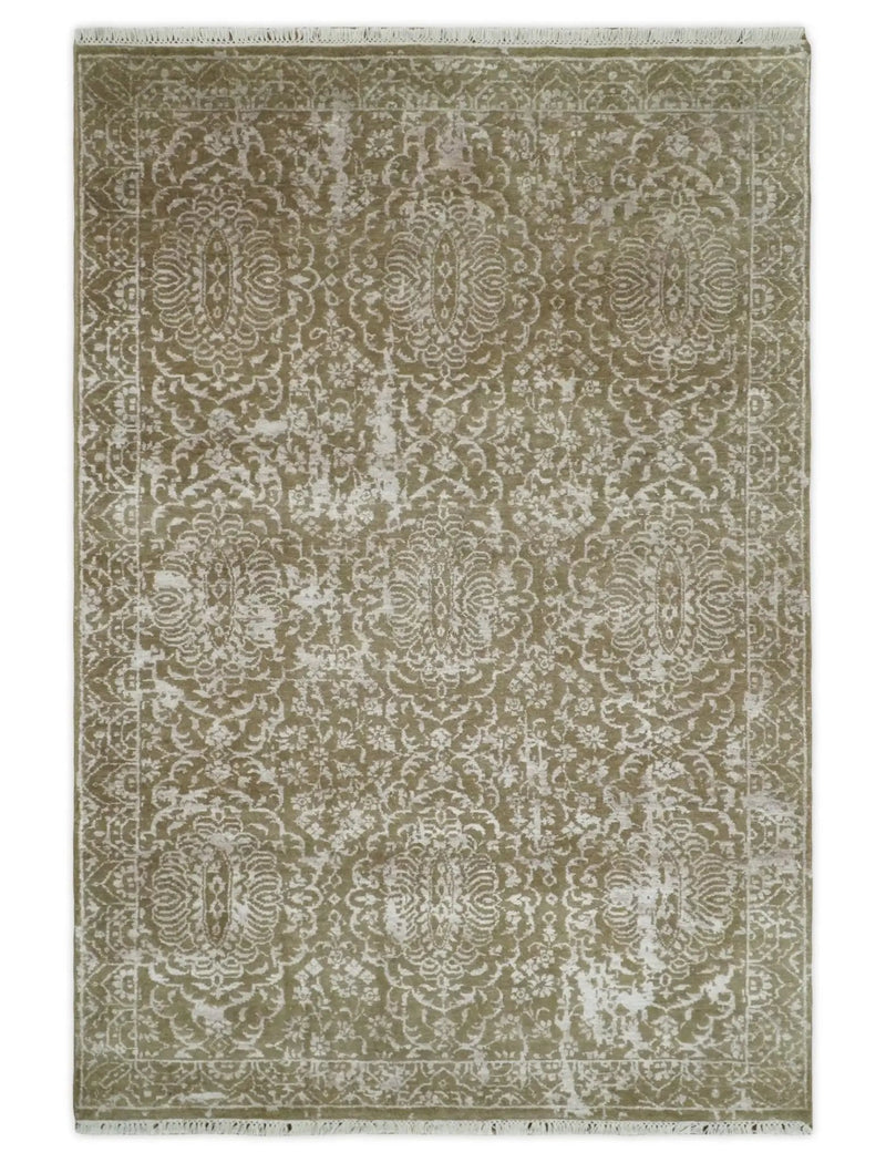4x6 Fine Hand Knotted Olive and Silver Traditional Vintage Persian Style Antique Wool and SIlk Rug | AGR16 by The Rug Decor