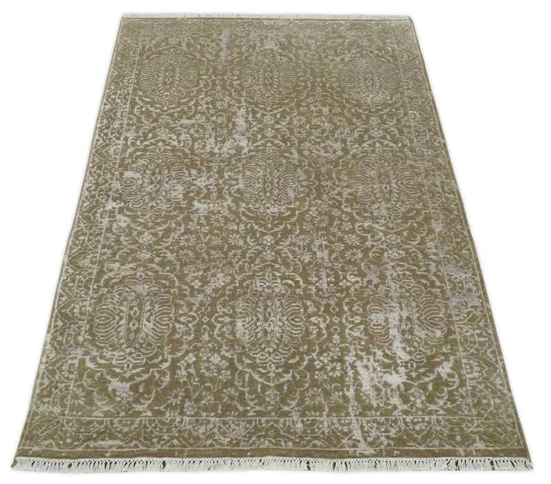4x6 Fine Hand Knotted Olive and Silver Traditional Vintage Persian Style Antique Wool and SIlk Rug | AGR16 by The Rug Decor