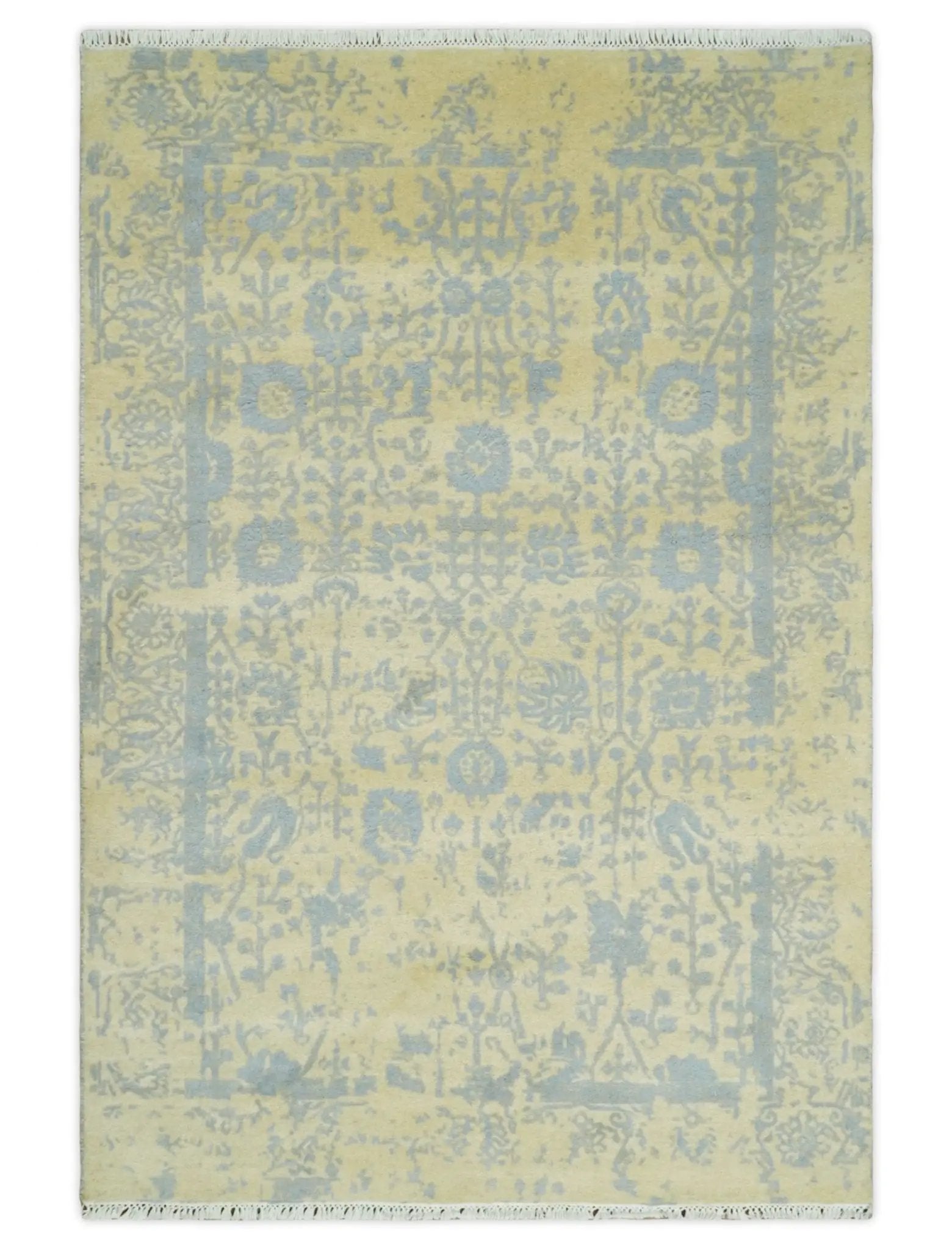 4x6 Fine Hand Knotted Gold and Silver Traditional Persian Style Antique Wool and Silk Rug by The Rug Decor