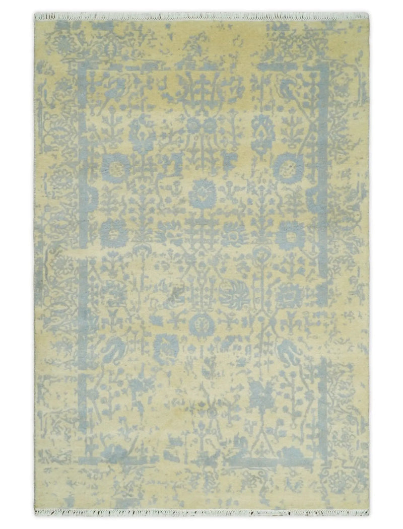 4x6 Fine Hand Knotted Gold and Silver Traditional Persian Style Antique Wool and Silk Rug by The Rug Decor