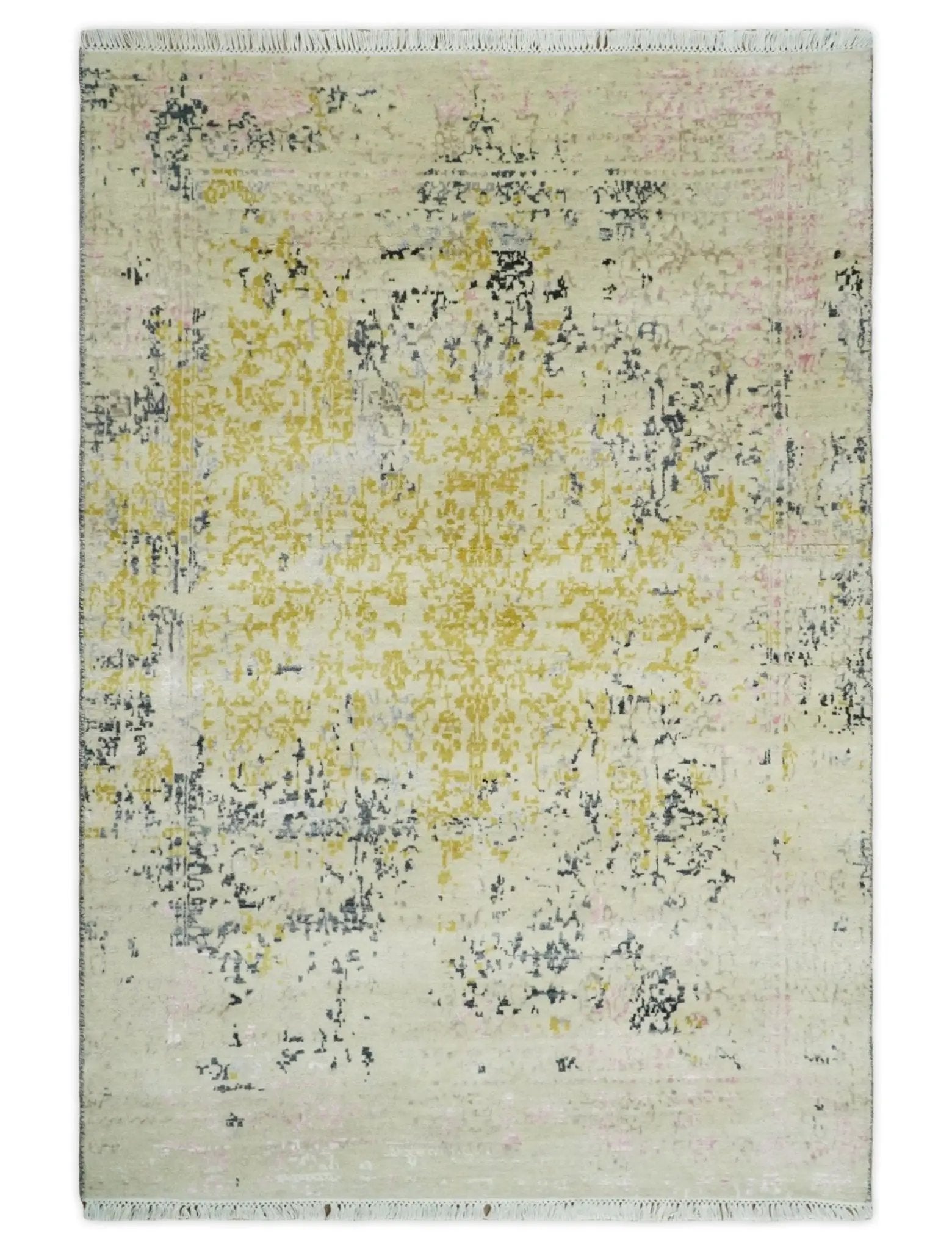 4x6 Fine Hand Knotted Gold, Gray and Ivory Modern Abstract Wool and SIlk Area Rug | AGR17 by The Rug Decor