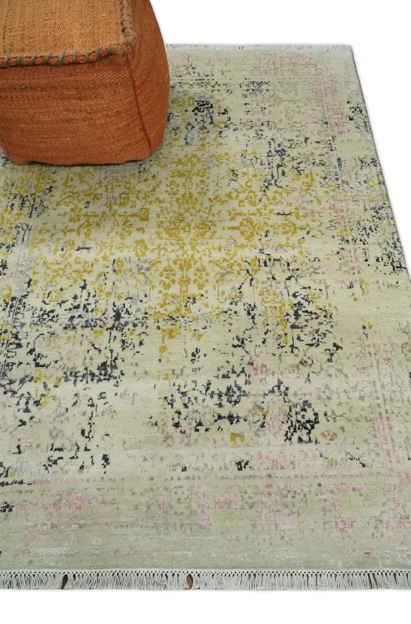 4x6 Fine Hand Knotted Gold, Gray and Ivory Modern Abstract Wool and SIlk Area Rug | AGR17 by The Rug Decor