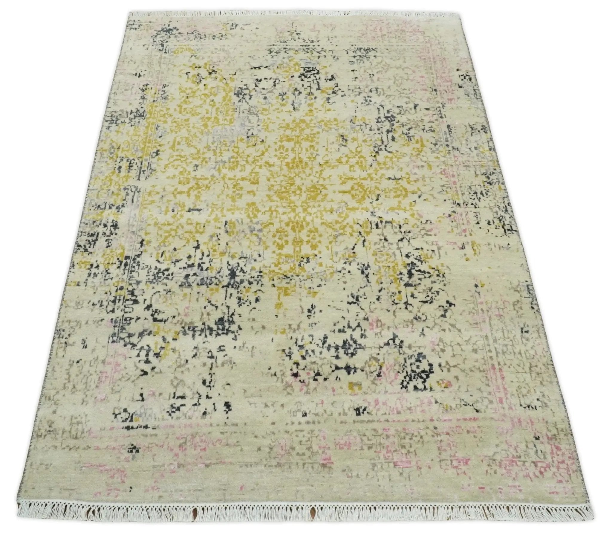 4x6 Fine Hand Knotted Gold, Gray and Ivory Modern Abstract Wool and SIlk Area Rug | AGR17 by The Rug Decor