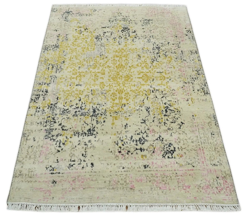 4x6 Fine Hand Knotted Gold, Gray and Ivory Modern Abstract Wool and SIlk Area Rug | AGR17 by The Rug Decor