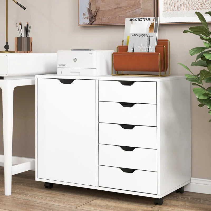 5-Drawer Dresser Chest Mobile Storage Cabinet with Door-White by DirectDeals