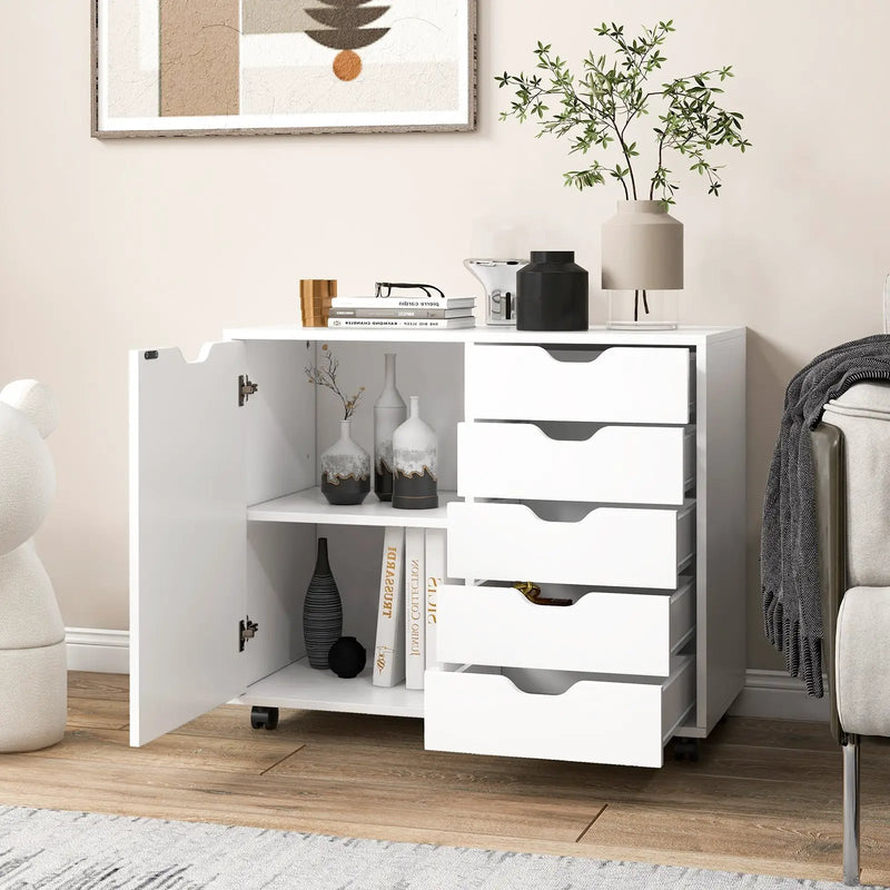 5-Drawer Dresser Chest Mobile Storage Cabinet with Door-White by DirectDeals