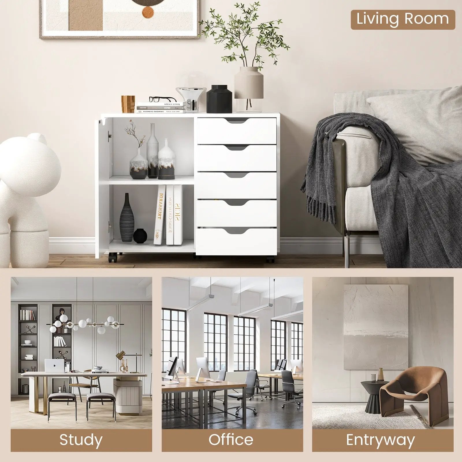 5-Drawer Dresser Chest Mobile Storage Cabinet with Door-White by DirectDeals