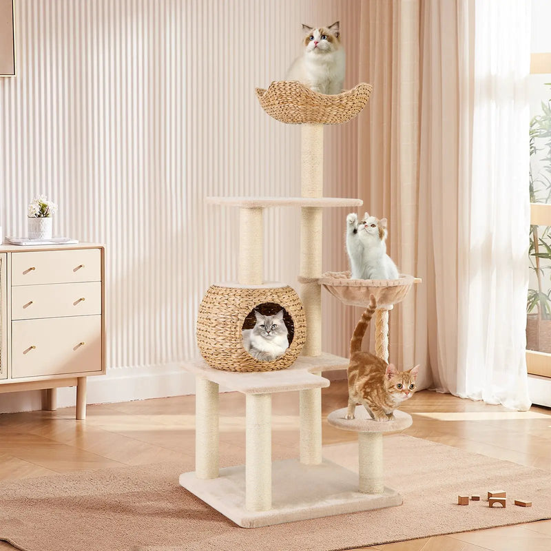 5-Layer Climbing Cat Tree with Sisal Scratching Posts and Washable Cushions-Beige by DirectDeals