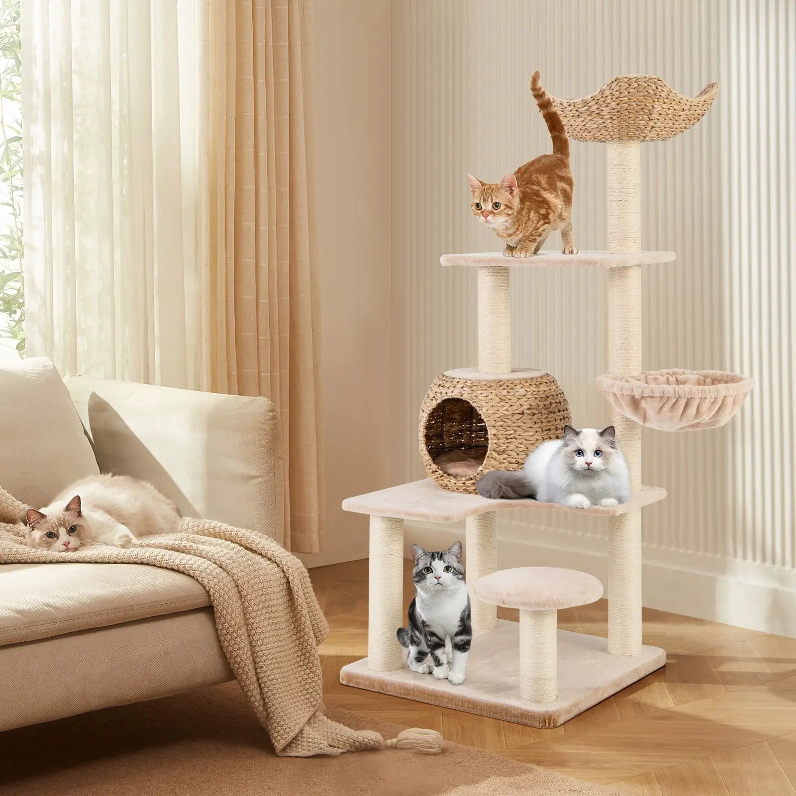 5-Layer Climbing Cat Tree with Sisal Scratching Posts and Washable Cushions-Beige by DirectDeals