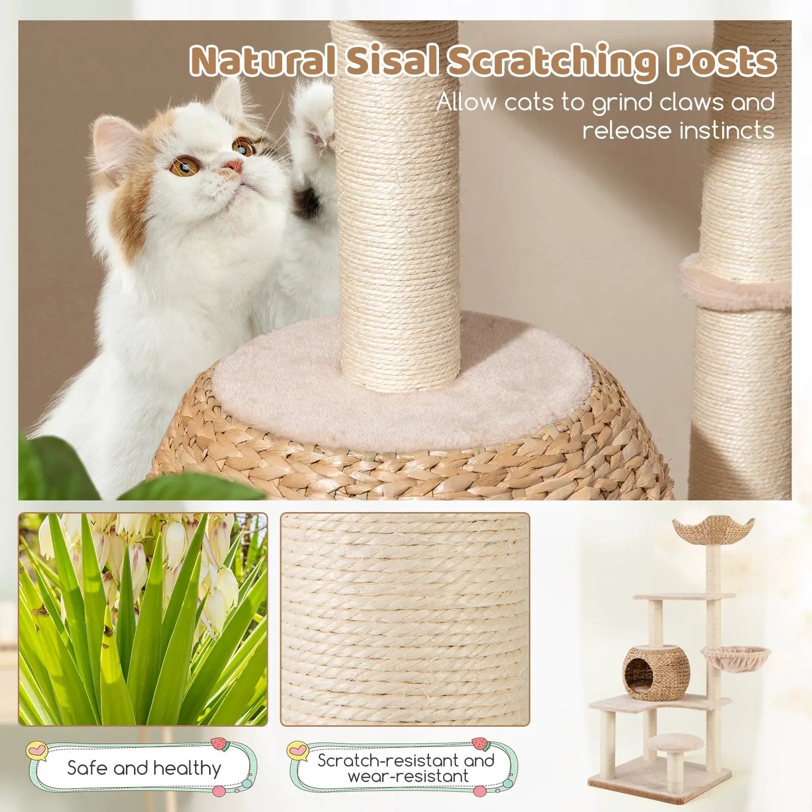 5-Layer Climbing Cat Tree with Sisal Scratching Posts and Washable Cushions-Beige by DirectDeals