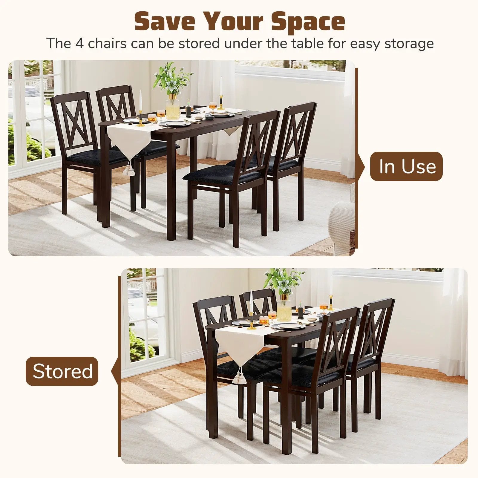 5-Piece Dining Table Set with Wide Tabletop and Rubber Wood Legs-Black by DirectDeals