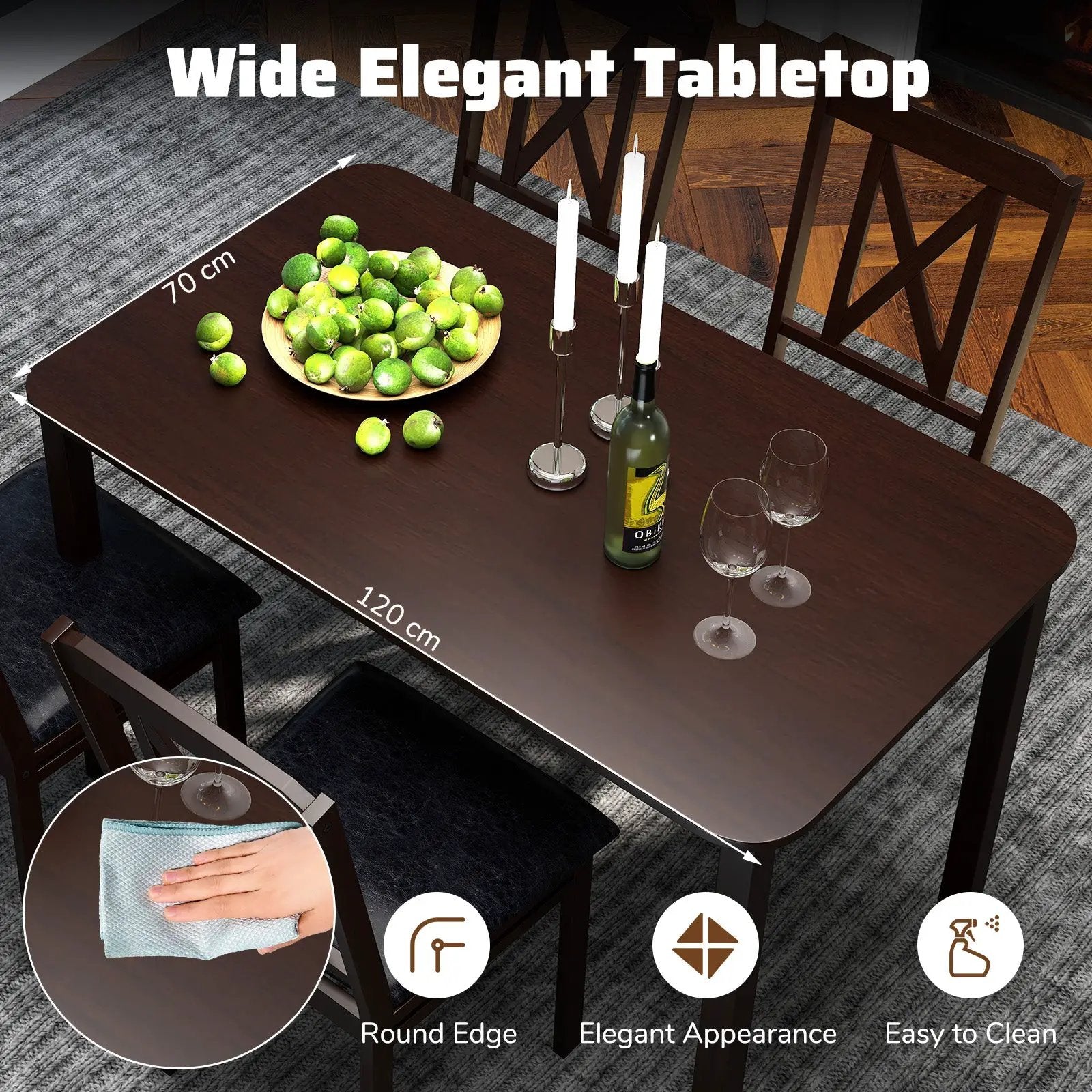5-Piece Dining Table Set with Wide Tabletop and Rubber Wood Legs-Black by DirectDeals