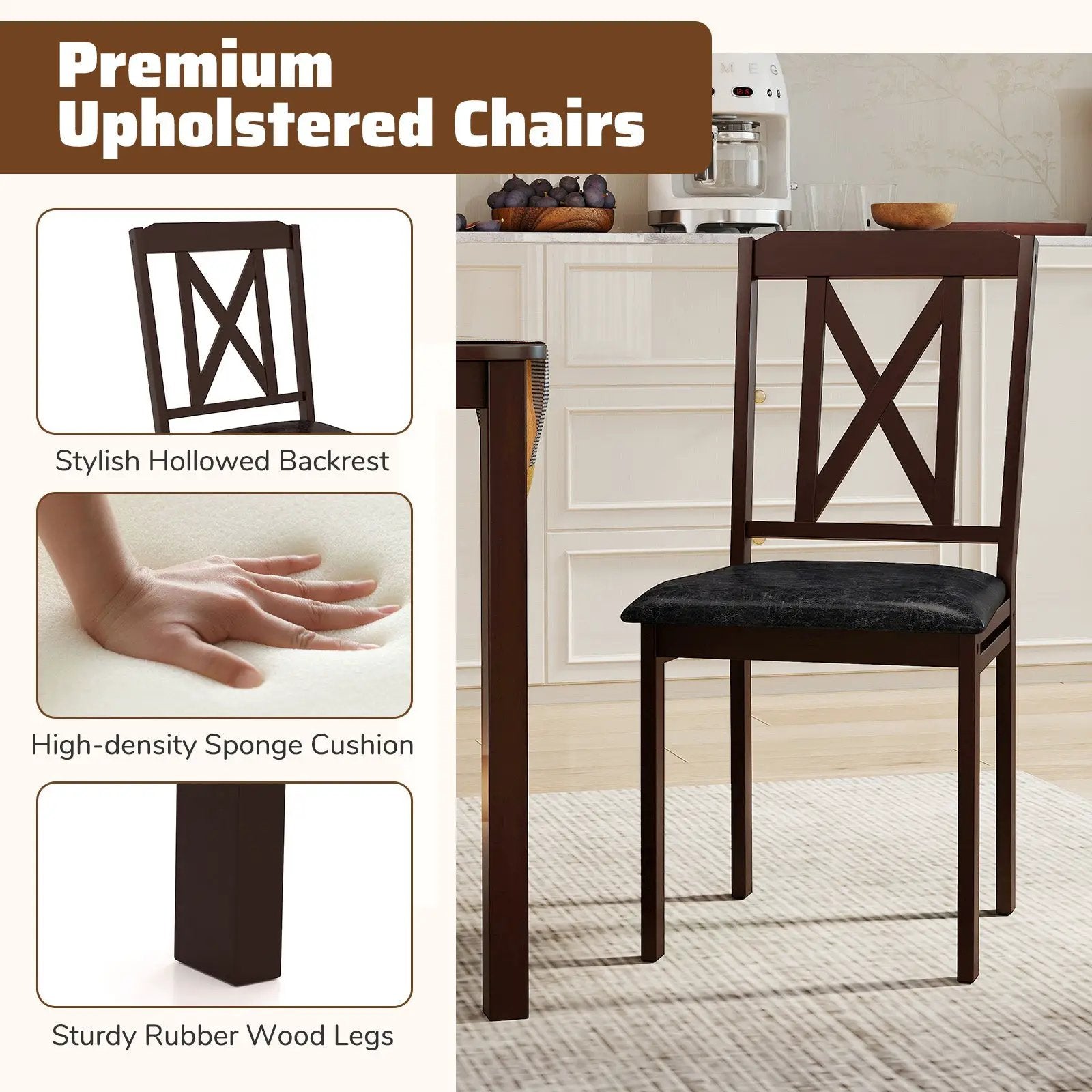 5-Piece Dining Table Set with Wide Tabletop and Rubber Wood Legs-Black by DirectDeals