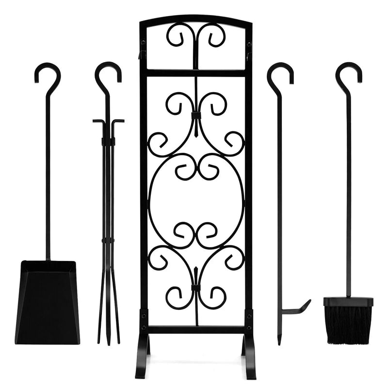 5 Piece Wrought Iron Fireplace Tools with Decor Holder-Black by DirectDeals