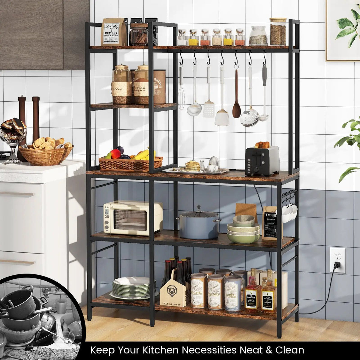 5-Tier Bakers Rack with Power Outlets and 10 S-Shaped Hooks by DirectDeals