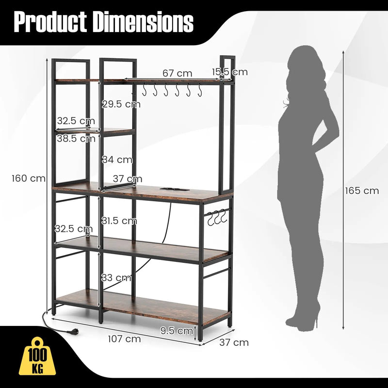 5-Tier Bakers Rack with Power Outlets and 10 S-Shaped Hooks by DirectDeals
