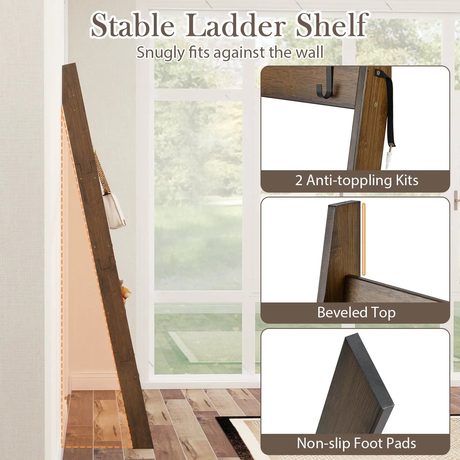 5-Tier Bamboo Ladder Bookshelf with 4 Removable Hooks-Brown by DirectDeals