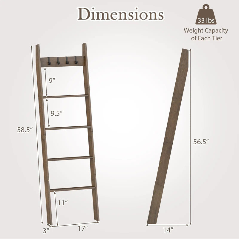 5-Tier Bamboo Ladder Bookshelf with 4 Removable Hooks-Brown by DirectDeals