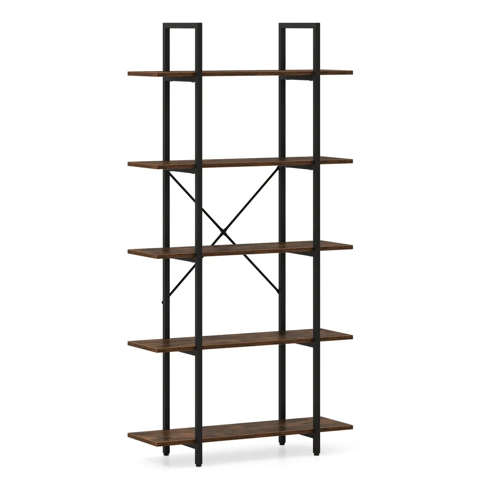 5-Tier 62 Inch Tall Vintage Industrial Bookcase with Open Storage Shelves-Rustic Brown by DirectDeals