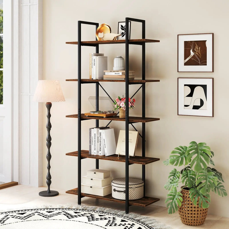 5-Tier 62 Inch Tall Vintage Industrial Bookcase with Open Storage Shelves-Rustic Brown by DirectDeals