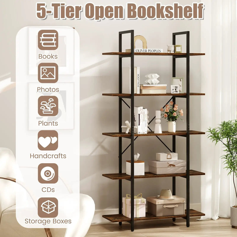 5-Tier 62 Inch Tall Vintage Industrial Bookcase with Open Storage Shelves-Rustic Brown by DirectDeals