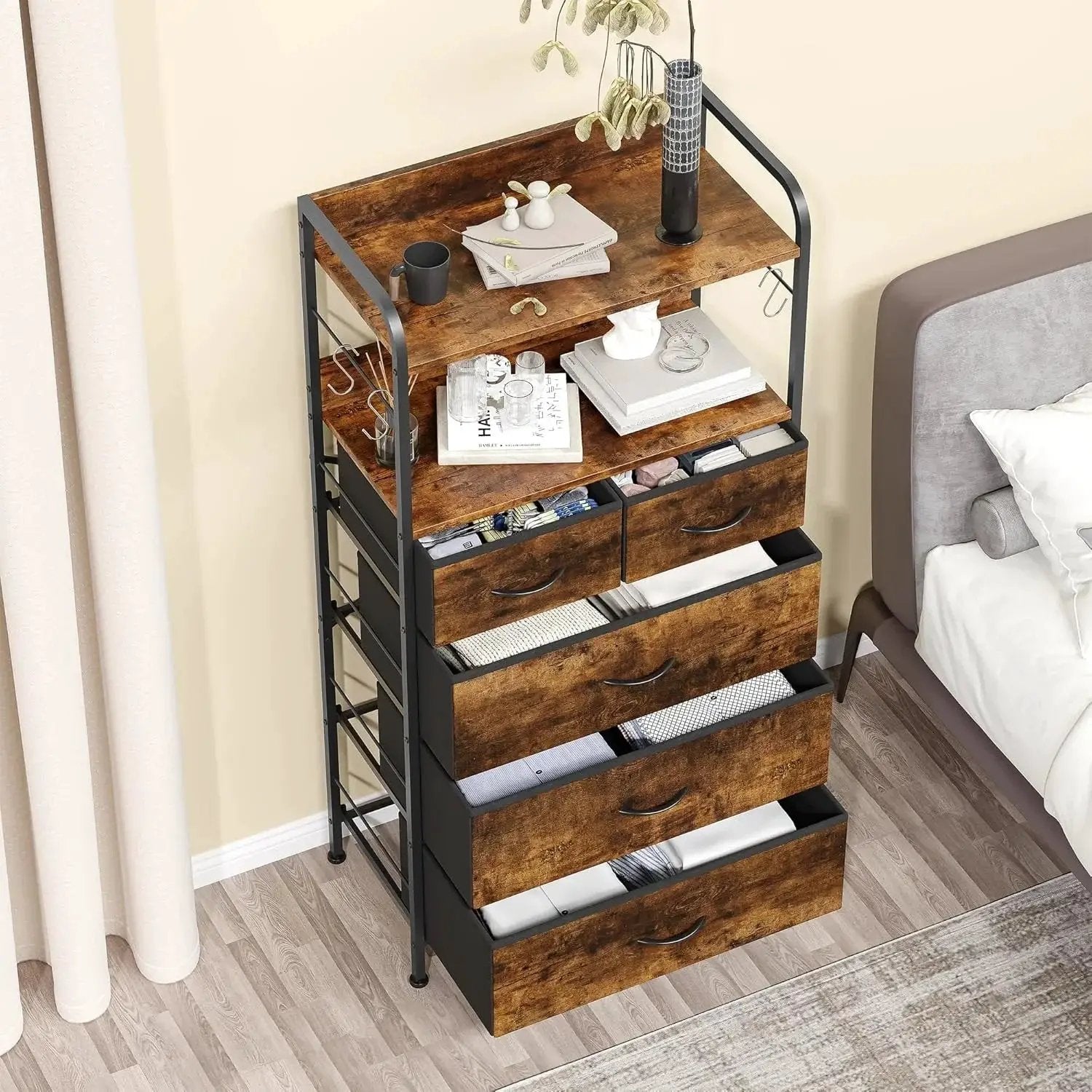 5-Drawer Vertical Dresser with Spacious Storage - No Assembly Required Modern Fabric Tower Organizer Unit, Space-Saving Compact Design with Sturdy Frame for Bedroom, Hallway, Living Room - Ideal for Small Spaces, 27-Inch Heig by House Of Avana