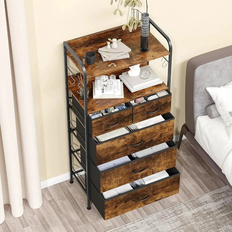 5-Drawer Vertical Dresser with Spacious Storage - No Assembly Required Modern Fabric Tower Organizer Unit, Space-Saving Compact Design with Sturdy Frame for Bedroom, Hallway, Living Room - Ideal for Small Spaces, 27-Inch Heig by House Of Avana