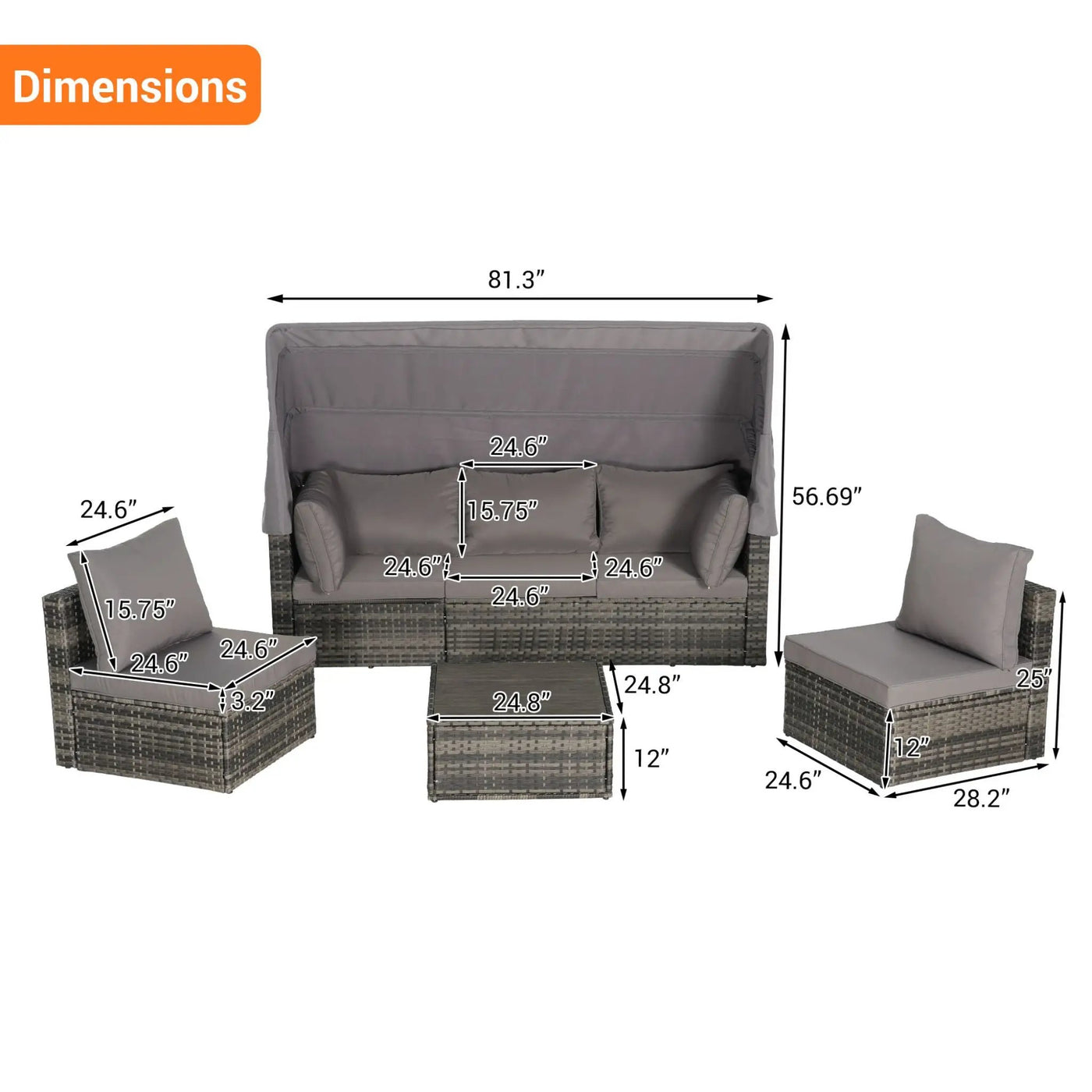 5-Piece Outdoor Patio Wicker Daybed Furniture Set With Retractable Canopy (SAK37816) by SAKSBY WHOLESALE